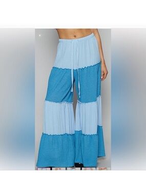 POL Blue Two-Tone Wide Leg Tiered Pants